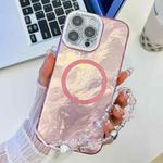 For iPhone 16 Pro Plating Texture Wristband MagSafe TPU Phone Case with Glitter Lens Film(Pink Tinfoil Texture)