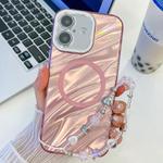 For iPhone 16 Plus Plating Texture Wristband MagSafe TPU Phone Case with Glitter Lens Film(Pink Water Ripples)