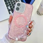 For iPhone 16 Plus Plating Texture Wristband MagSafe TPU Phone Case with Glitter Lens Film(Pink Shell Pattern)