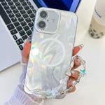 For iPhone 16 Plus Plating Texture Wristband MagSafe TPU Phone Case with Glitter Lens Film(White Feather Yarn)