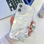 For iPhone 16 Plating Texture Wristband MagSafe TPU Phone Case with Glitter Lens Film(White Water Ripples)