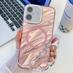 For iPhone 16 Plating Texture Wristband MagSafe TPU Phone Case with Glitter Lens Film(Pink Water Ripples)