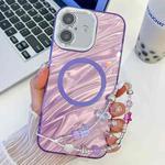 For iPhone 16 Plating Texture Wristband MagSafe TPU Phone Case with Glitter Lens Film(Purple Water Ripples)