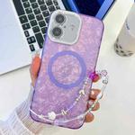 For iPhone 16 Plating Texture Wristband MagSafe TPU Phone Case with Glitter Lens Film(Purple Shell Pattern)