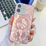 For iPhone 16 Plating Texture Wristband MagSafe TPU Phone Case with Glitter Lens Film(Pink Wrinkles)