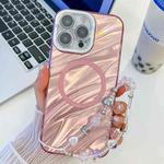 For iPhone 15 Pro Max Plating Texture Wristband MagSafe TPU Phone Case with Glitter Lens Film(Pink Water Ripples)