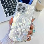 For iPhone 15 Pro Max Plating Texture Wristband MagSafe TPU Phone Case with Glitter Lens Film(White Wrinkles)