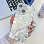 For iPhone 15 Plating Texture Wristband MagSafe TPU Phone Case with Glitter Lens Film(White Water Ripples)