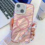 For iPhone 15 Plating Texture Wristband MagSafe TPU Phone Case with Glitter Lens Film(Pink Water Ripples)