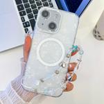 For iPhone 15 Plating Texture Wristband MagSafe TPU Phone Case with Glitter Lens Film(White Shell Pattern)