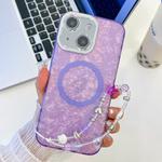 For iPhone 15 Plating Texture Wristband MagSafe TPU Phone Case with Glitter Lens Film(Purple Shell Pattern)