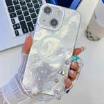 For iPhone 15 Plating Texture Wristband MagSafe TPU Phone Case with Glitter Lens Film(White Tinfoil Texture)