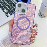 For iPhone 14 Plating Texture Wristband MagSafe TPU Phone Case with Glitter Lens Film(Purple Water Ripples)