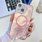 For iPhone 13 Plating Texture Wristband MagSafe TPU Phone Case with Glitter Lens Film(Pink Tinfoil Texture)