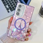 For Samsung Galaxy S24 FE 5G Plating Texture Wristband MagSafe TPU Phone Case with Glitter Lens Film(Purple Feathers)