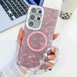 For Samsung Galaxy S24 Ultra 5G Plating Texture Wristband MagSafe TPU Phone Case with Glitter Lens Film(Pink Shell Pattern)