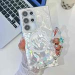 For Samsung Galaxy S24 Ultra 5G Plating Texture Wristband MagSafe TPU Phone Case with Glitter Lens Film(White Wrinkles)