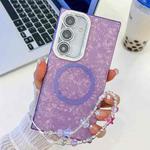 For Samsung Galaxy S24+ 5G Plating Texture Wristband MagSafe TPU Phone Case with Glitter Lens Film(Purple Shell Pattern)