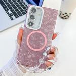 For Samsung Galaxy S24 5G Plating Texture Wristband MagSafe TPU Phone Case with Glitter Lens Film(Pink Shell Pattern)