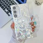 For Samsung Galaxy S24 5G Plating Texture Wristband MagSafe TPU Phone Case with Glitter Lens Film(White Wrinkles)