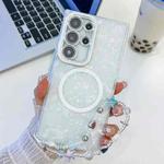 For Samsung Galaxy S23 Ultra 5G Plating Texture Wristband MagSafe TPU Phone Case with Glitter Lens Film(White Shell Pattern)