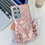For Samsung Galaxy S23 Ultra 5G Plating Texture Wristband MagSafe TPU Phone Case with Glitter Lens Film(Pink Wrinkles)