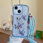 For iPhone 15 Crossbody Wave Edge Butterfly TPU Phone Case(Blue)