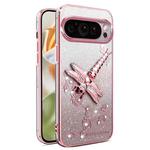 For Google Pixel 9 Pro XL Gradient Glitter Immortal 3D Dragonfly Holder Plated Phone Case(Pink)