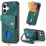 For iPhone 16 Retro Card Wallet Fold Leather Phone Case with Strap(Green)