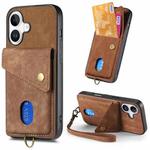 For iPhone 16 Retro Card Wallet Fold Leather Phone Case with Strap(Brown)