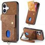 For iPhone 16 Plus Retro Card Wallet Fold Leather Phone Case with Strap(Brown)