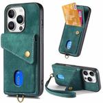 For iPhone 16 Pro Retro Card Wallet Fold Leather Phone Case with Strap(Green)