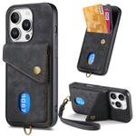 For iPhone 16 Pro Max Retro Card Wallet Fold Leather Phone Case with Strap(Black)