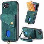 For iPhone 16e Retro Card Wallet Fold Leather Phone Case with Strap(Green)