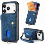 For iPhone 17 Pro Retro Card Wallet Fold Leather Phone Case with Strap(Blue)