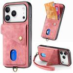 For iPhone 17 Pro Max Retro Card Wallet Fold Leather Phone Case with Strap(Pink)