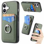 For iPhone 16 Carbon Fiber Card Wallet Ring Phone Case(Green)