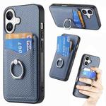 For iPhone 16 Plus Carbon Fiber Card Wallet Ring Phone Case(Blue)