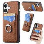 For iPhone 16 Plus Carbon Fiber Card Wallet Ring Phone Case(Brown)