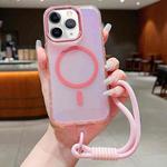 For iPhone 11 Pro Max Bright Shadow  Magsafe Discoloration Phone Case with Wrist Strap(Pink)