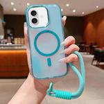 For iPhone 16 Plus Bright Shadow  Magsafe Discoloration Phone Case with Wrist Strap(Blue)