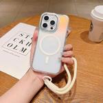 For iPhone 17 Bright Shadow  Magsafe Discoloration Phone Case with Wrist Strap(White)