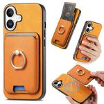 For iPhone 16 Retro Cross Leather Card Bag MagSafe Phone Case(Yellow)