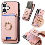 For iPhone 16 Retro Cross Leather Card Bag MagSafe Phone Case(Pink)