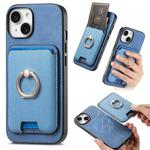 For iPhone 15 Plus Retro Cross Leather Card Bag MagSafe Phone Case(Blue)