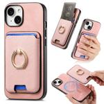 For iPhone 15 Plus Retro Cross Leather Card Bag MagSafe Phone Case(Pink)