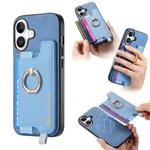 For iPhone 16 Plus Retro Magsafe Cross Leather Ring Holder Card Bag Phone Case(Blue)