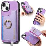 For iPhone 14 Plus Retro Magsafe Cross Leather Ring Holder Card Bag Phone Case(Purple)