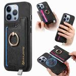 For iPhone 15 Pro Retro Magsafe Cross Leather Ring Holder Card Bag Phone Case(Black)