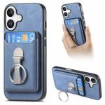 For iPhone 16 Retro Folding Ring Holder Card Bag MagSafe Phone Case(Blue)